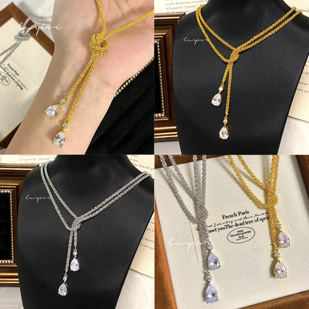 Light luxury multi-wear super long sweater chain bright starry water drop necklace flash niche design double-layer collarbone ch