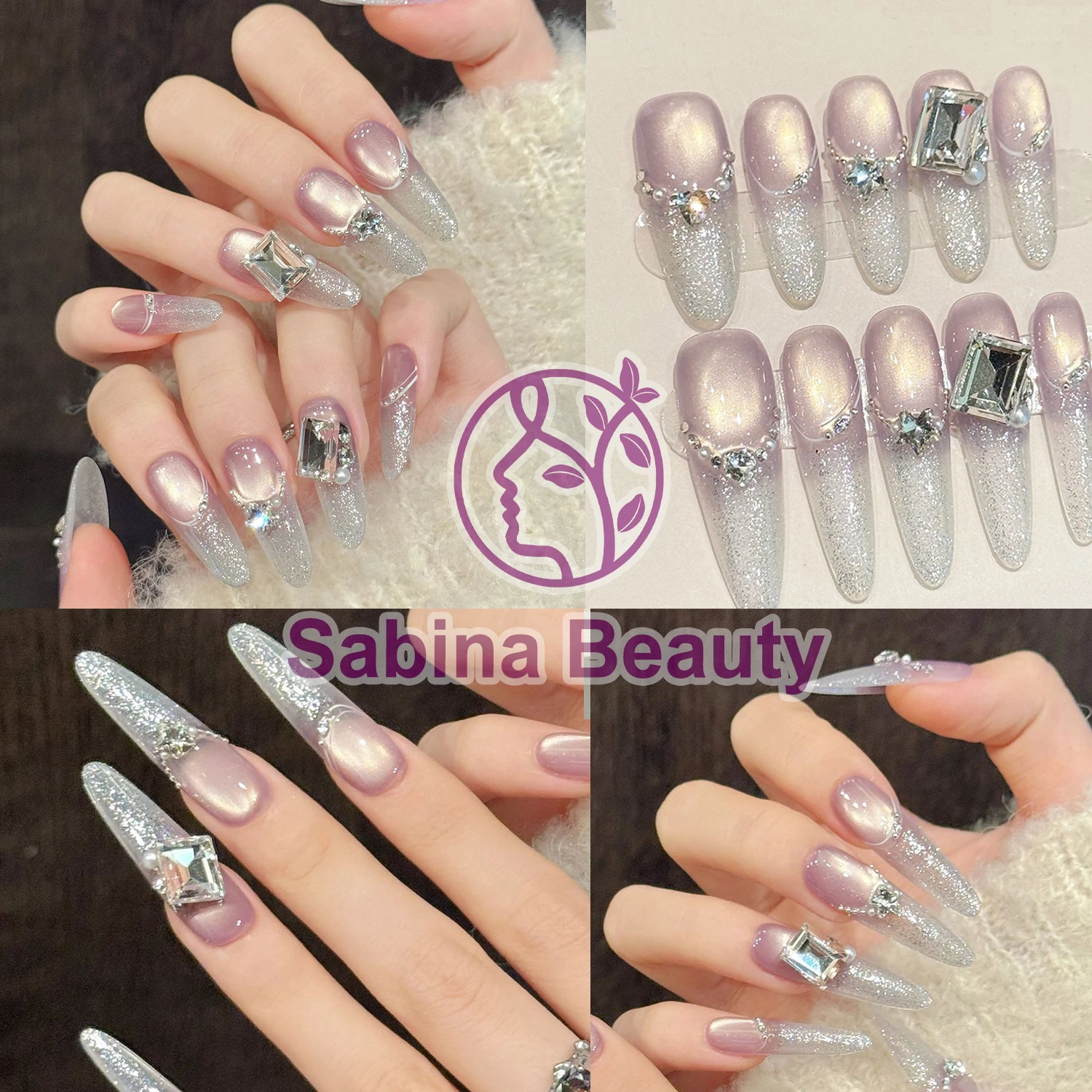 

YH001-34 Пресс для ногтей ручной работы, 10 шт., сверкающий лед, проникающий виноград, фиолетовый кошачий глаз, постепенный тонкий блеск, накладные патчи для ногтей