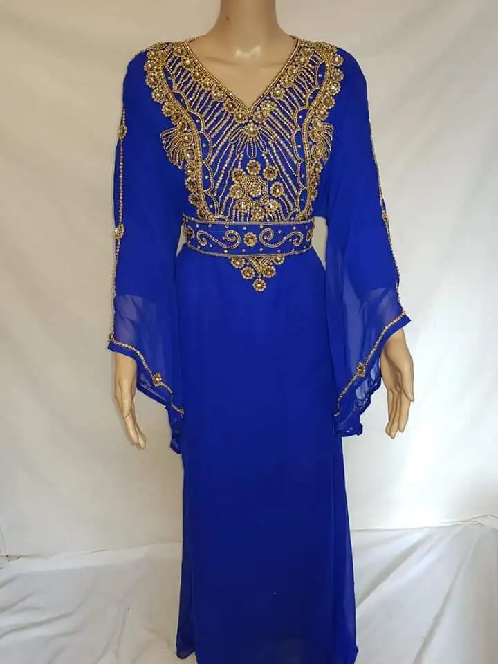 

V-neck Kaftan Luxury Nail Bead Sticker with Zircon Decoration in Deep Blue Belt Attached Inside Moroccon Caftan