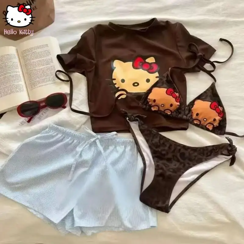 Sanrio Hello Kitty Sexy Bikini Set Leopardenmuster Badeanzug Set Hottie Sommertag Strand Urlaub Split Badeanzug Kawaii Ins Style