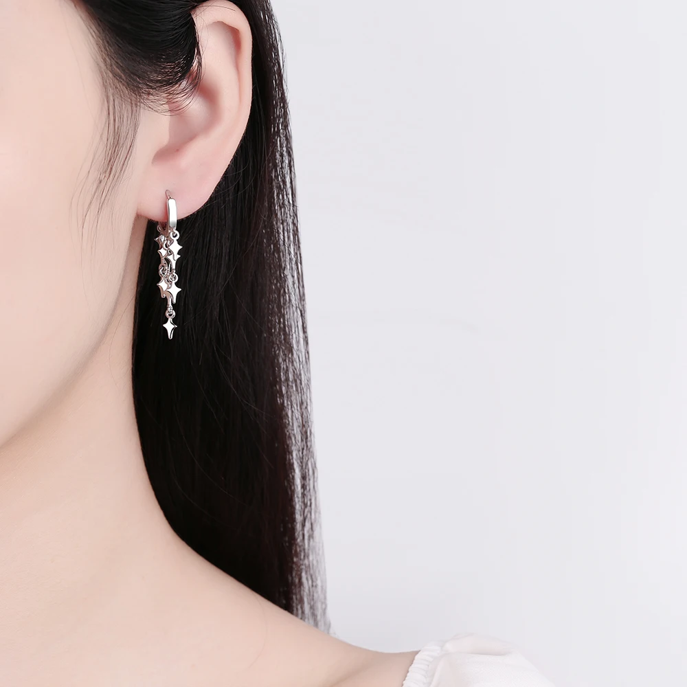 Real 925 Sterling Silver Lightning Star Long Tassel Hoop Earrings For Women Mother's Day Jewelry Creole Huggies DA3139 - view 4