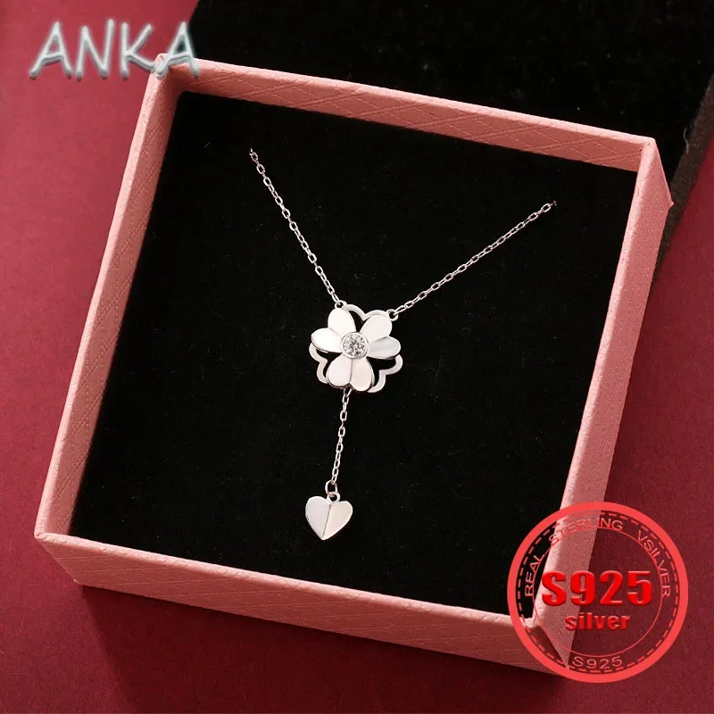 

ANKA NEW S925 Sterling Silver Double Layers Turnable Clover Necklace Love Heart with Diamonds Women's Necklace