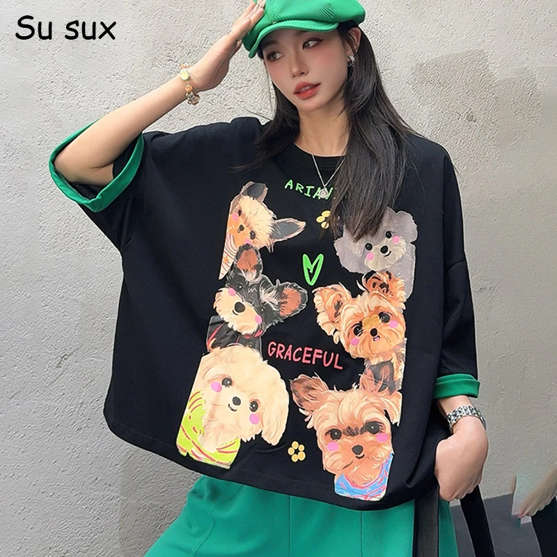 

Мультяшная милая собачка с принтом, большая футболка с короткими рукавами, женские японские корейские модные топы, забавные свободные футболки, бюст 148 см, уличная одежда