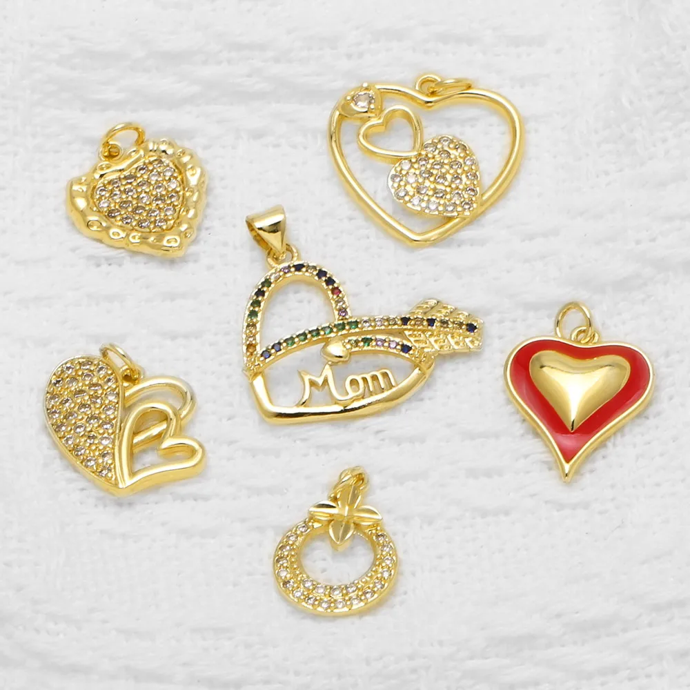 OCESRIO CZ Heart Mom Pendants Gold Plated Copper Cubic Zirconia Love Charms for Necklace Jewelry Making Supplies DIY pdtb964