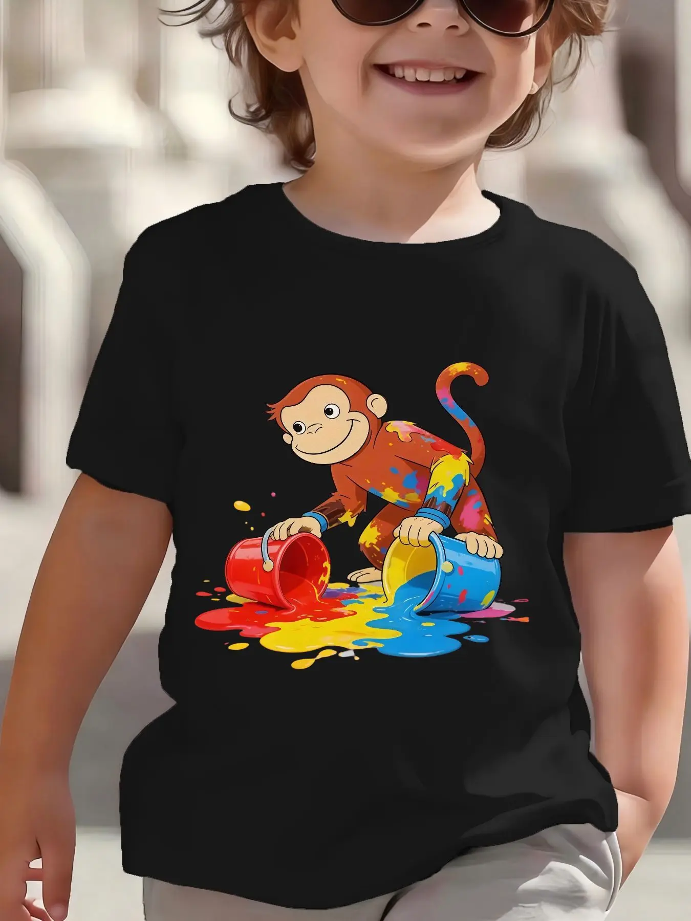 Kids Cute Painting Monkey Graphic Tee Boys Girls Family Matching Short Sleeve Fun Animal Cartoon Casual Daily Wear T Shirt