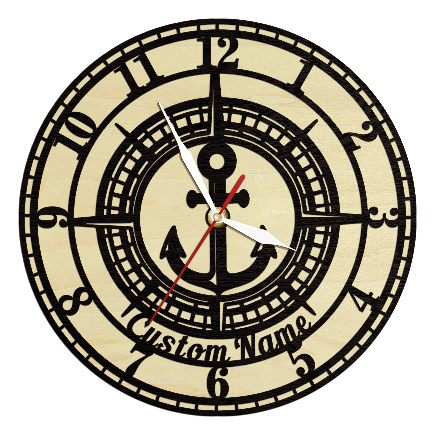 

Anchor Compass Wooden Frame Custom Wall Clock Rustic Personalized Sailors Home Decor Nautical Beach House Wall Art Wood Clock