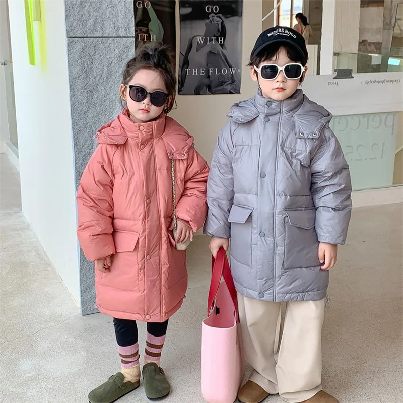 Girls Down Coat Jacket Cotton Windbreak Outwear 2023 Gray Warm Plus Thicken Velvet Winter Skiwear School Children's Clothing