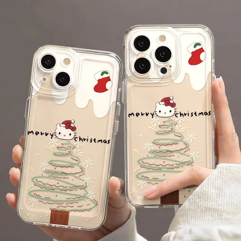 Hellos-Kittys Christmas Tree Phone Case For iPhone 16 15 14 13 12 11 Mini Pro Max X XR XSMax 7 8 Plus Transparent Soft TPU Cover