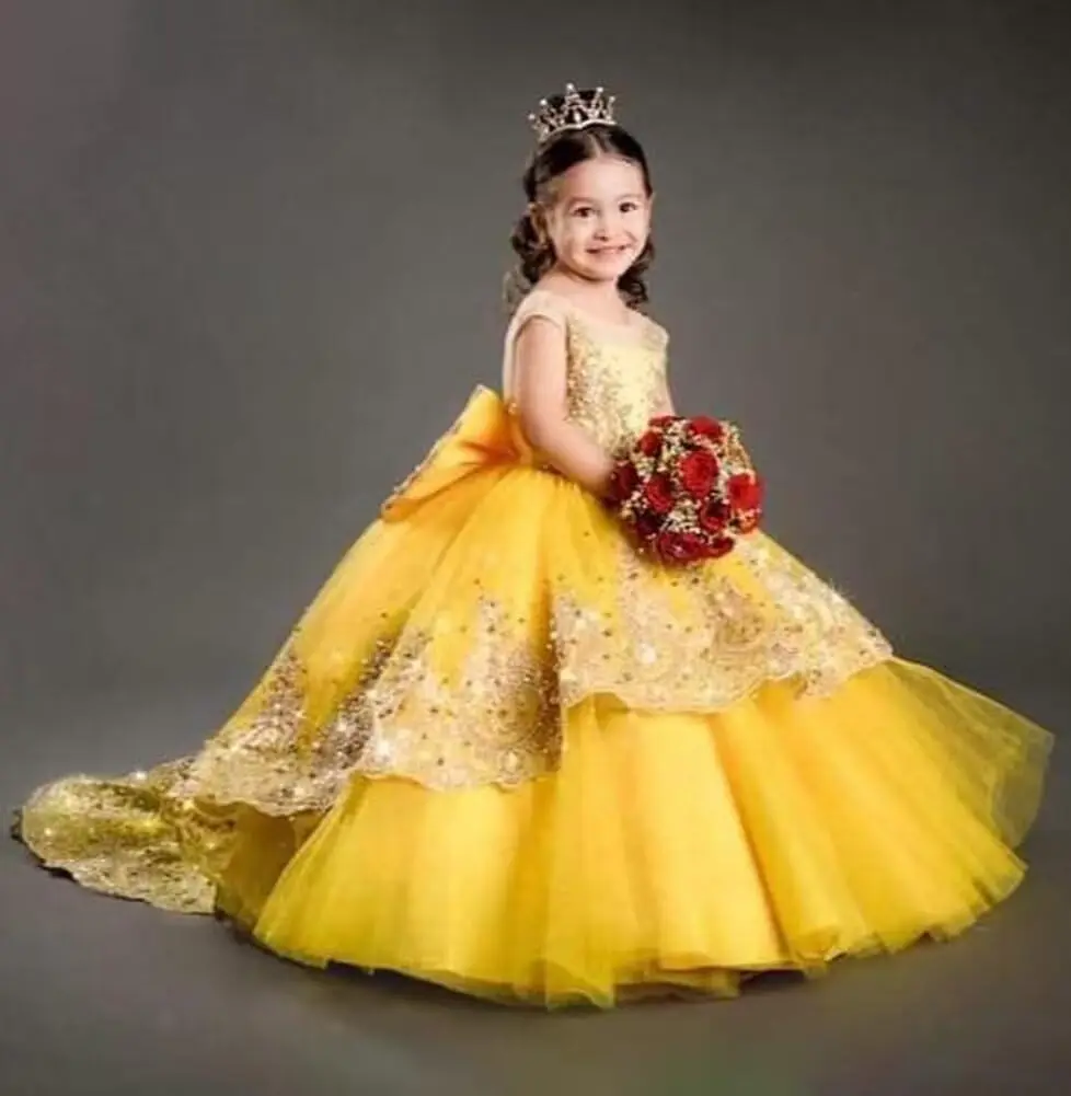 Vestidos de niña de flores para boda, apliques de lentejuelas, vestidos de desfile para niña, vestido Formal de encaje con vestido de niña Trian