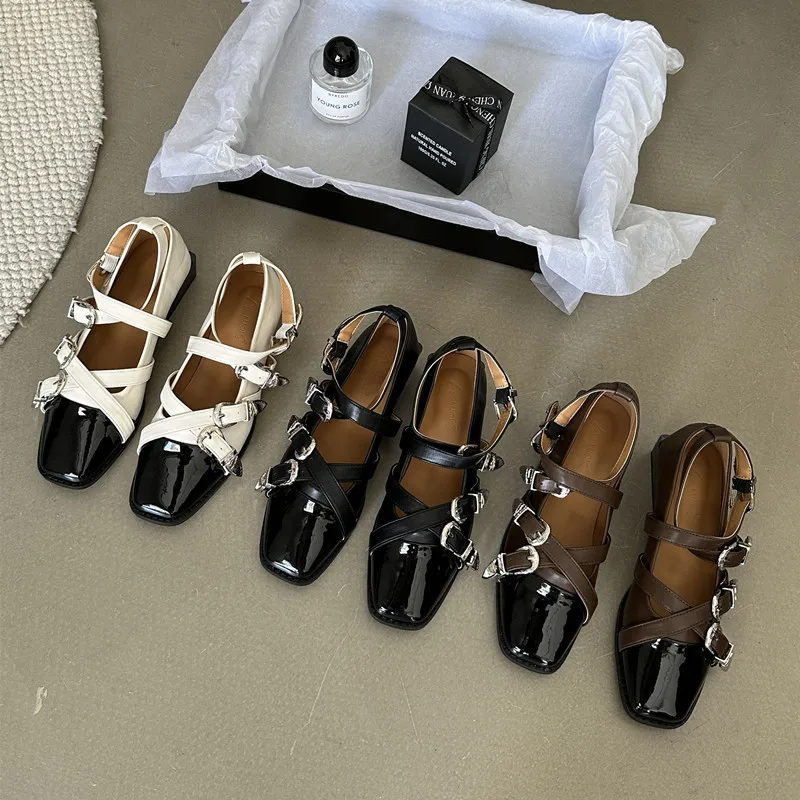 

Belts Buckles Straps Mary Jane Shoes Women Patchwork Color Patent Leather Sapatos Femimino Chunky Low Heels Square Toe Shallow