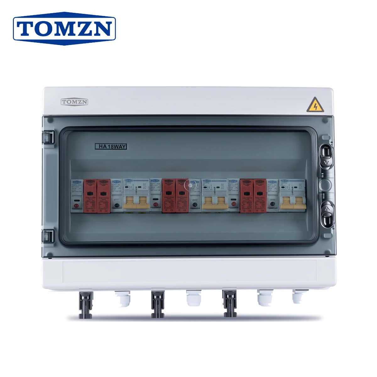 

TOMZN 18 Ways 3 input 3 output PV Photovoltaic Combination Box IP65 Fuse SPD Isolating switch 600V ABS 16A 20A 25A 32A 50A 63A