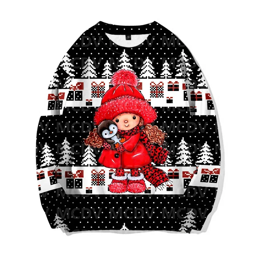 

Christmas Sweater Little Girl and Penguin Printed Casual Knit Sweatshirt Men's For Women's Pullover Christmas Gift