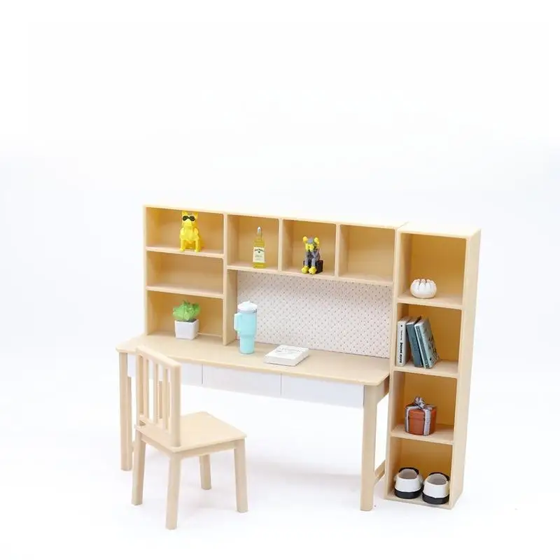 1 conjunto de casa de bonecas em escala 1/12, mesa combinada em miniatura, sala de estudo, modelo de estante para decoração de casa de boneca, brinquedo para crianças, presente