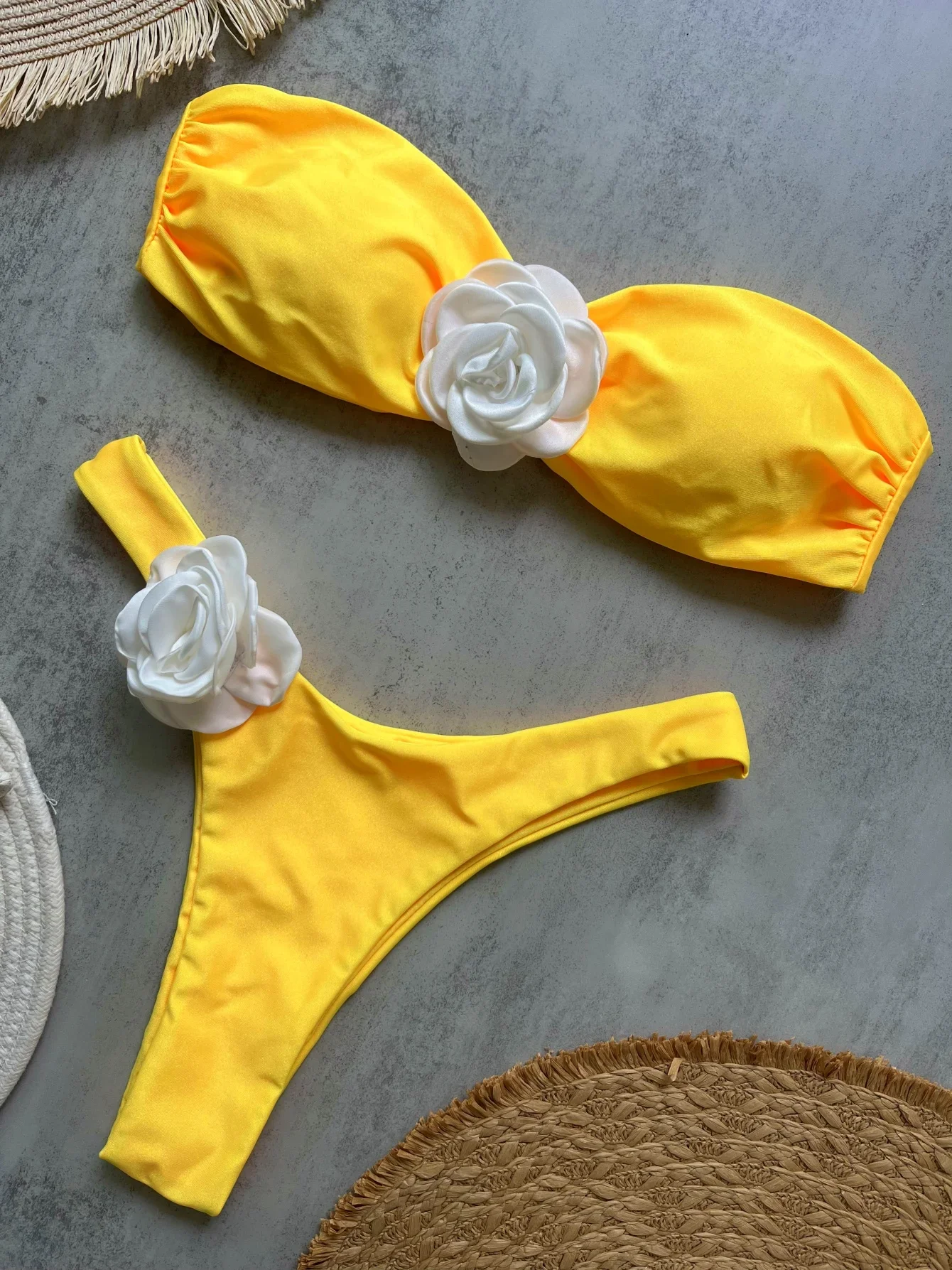 

Sexy Flower Bandeau Swimwear Thong Bikini 2025 Women Lace-up Swimsuit Swimming Bathing Suit Brazilian Bikinis Sets Mujer Biquini