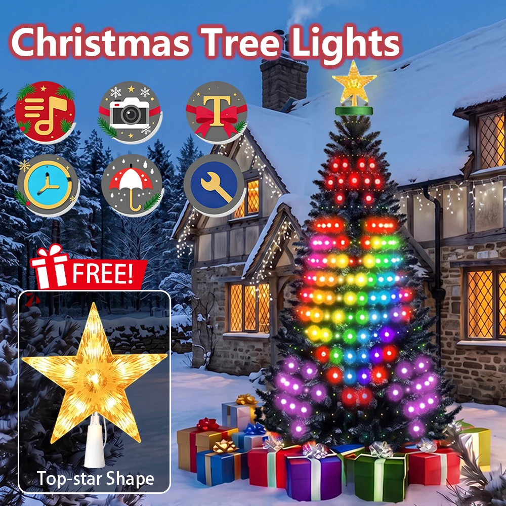 Smart Christmas Tree Lights, DIY Color Changing Waterfall Xmas Tree Lights with Ring & Top-Star, RGB-IC Dynamic String Light