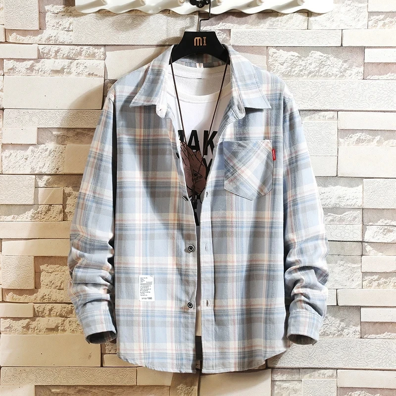 2024 New Summer Men\'s Plaid Shirt Button Pocket Casual Fashion Elegant Long sleeve Shirt Turn Down Collar