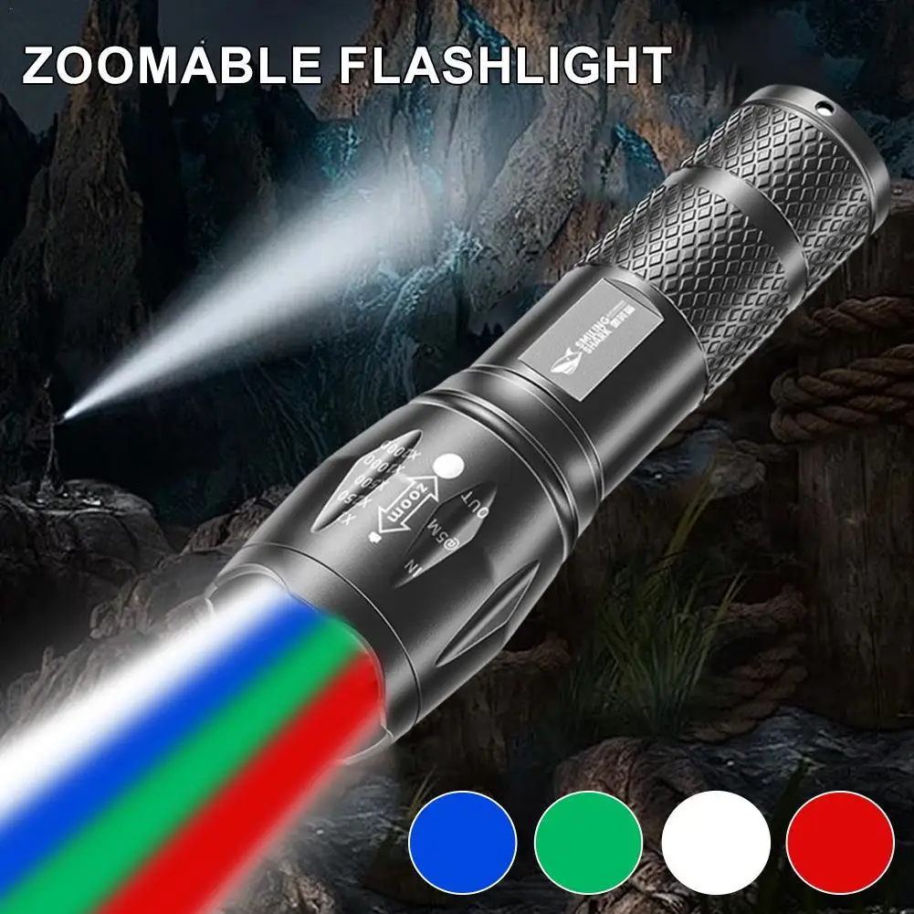 

Многофункциональный портативный четырехцветный фонарик RGB, черный полевой аварийный светильник для кемпинга, водонепроницаемый, перезаряжаемый через USB