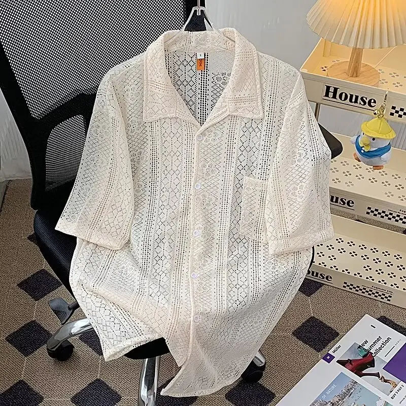 

2025 American retro summer hollow lace shirt breathable thin short sleeved design with vacation style casual men's youth jacket