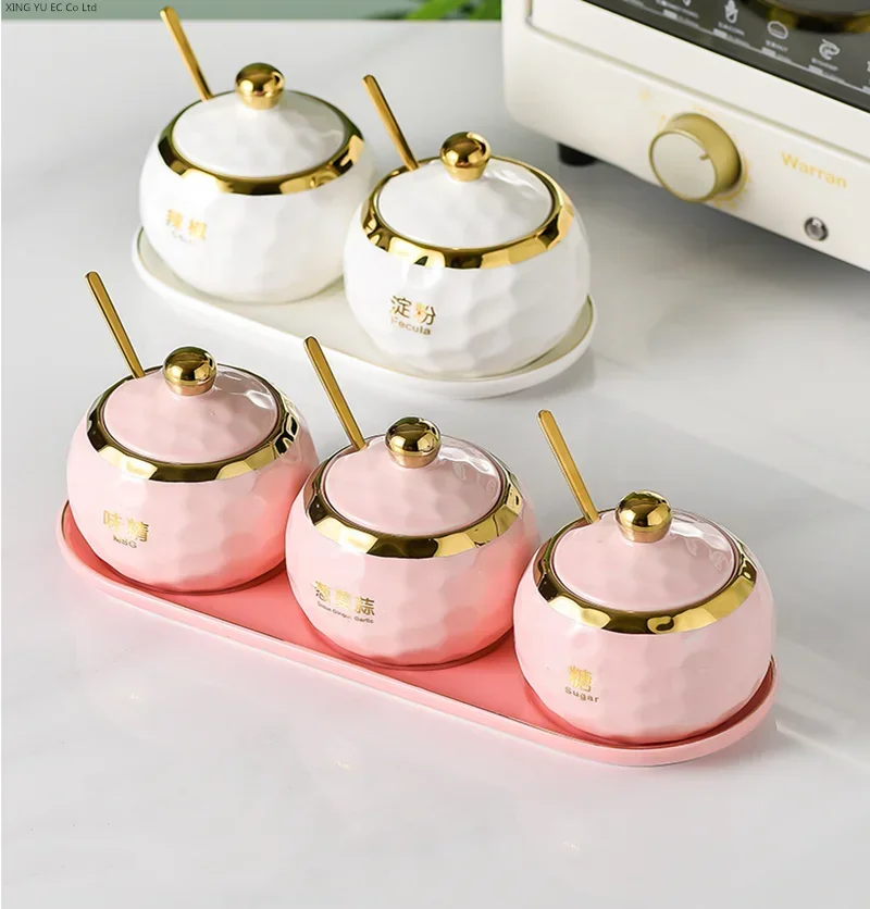 

Pink Jars Gold Ceramic Spice Box Sugar Bowl Creative Nordic Light Luxury Kitchen Spice Jar Set Kitchen Storage Storage Tank