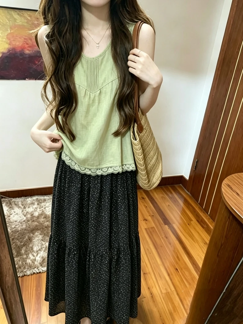 

Sweet Lace Trim Sleeveless Vest And Skirt Set Women's Summer Fashion Two-Piece Outfit Casual Breathable Half-length Skirt