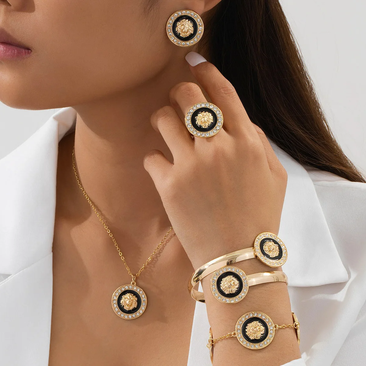 

Gold Color Elegant Jewelry Regal Lion Head Medallion Shaped Bracelet Ring Black Stud Earrings and Necklace for Women