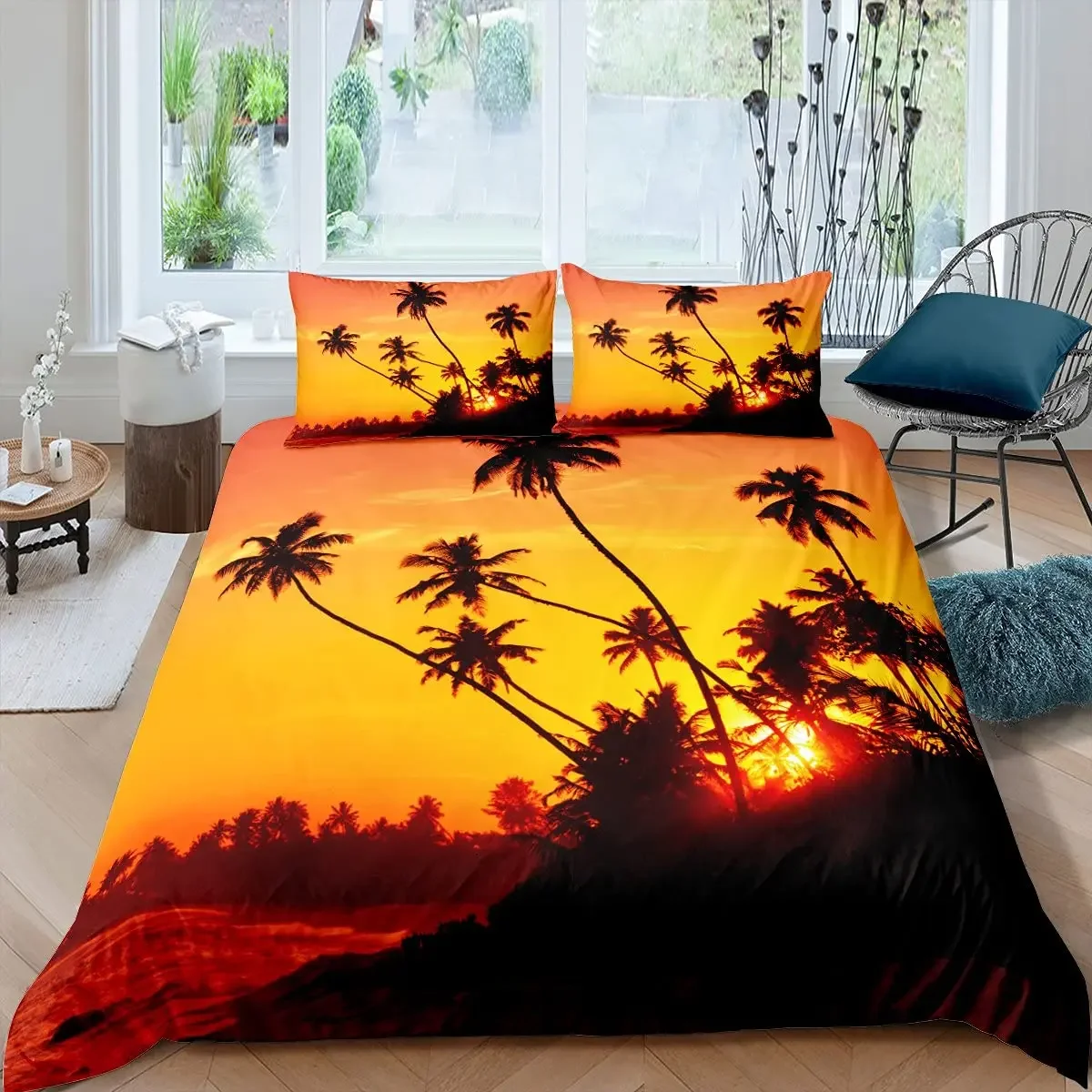 Tropical Plam Tree King Size Duvet Cover Sunset Coconut Tree Soft Bedding Set 3pcs for Kids Teens Summer Holiday Comforter Cover