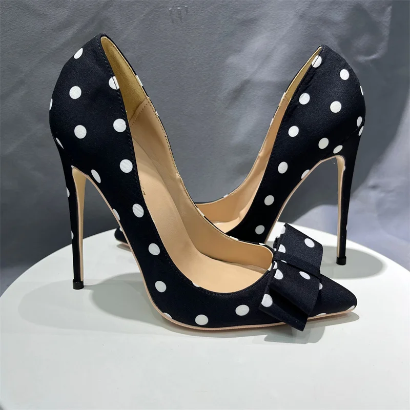 Tikicup Polka Dot Women Black Satin Stiletto High Heels with Bowknot Chic Ladies Designer Dress Shoes Pointed Toe Silk Pumps