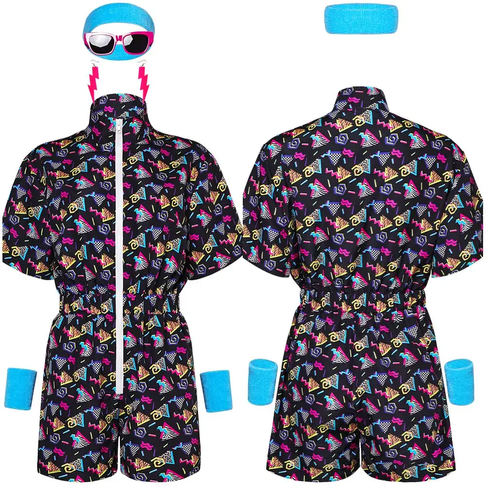 80S Retro Hip Hop Disco Cosplay Summer Tracksuit Costume Vintage Disguise Earrings Hairband Props Adult Halloween Role play Suit