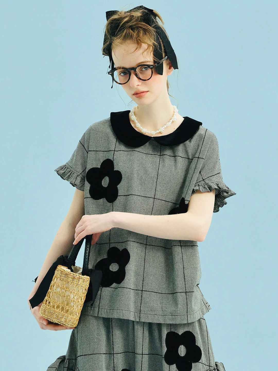 

2025imakokoni Summer Japanese Style Loose Cotton and Hemp Grid Plush Stickers Top for Women 255066