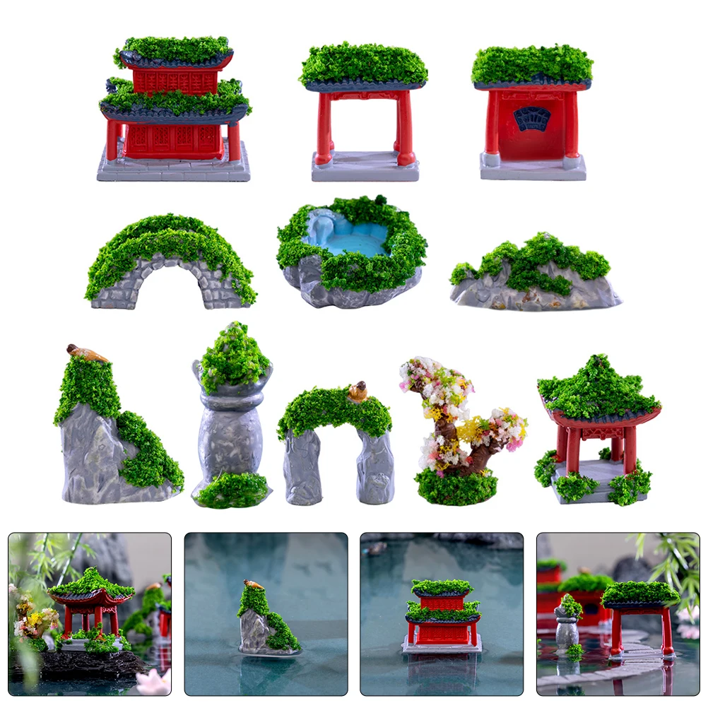 

11pcs Micro Landscape Ornaments Resin Chinese Style Mini Garden Decor Set Fine Craft Retro Landscaping Props For Diy Garden