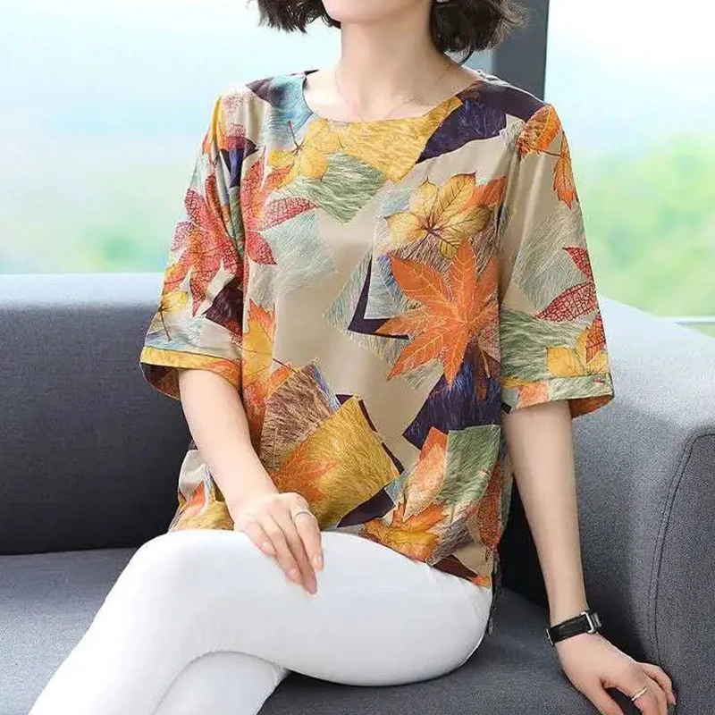 Elegant Fashion Casual Floral Printing T-shirt Summer 2023 New Half Sleeve O-Neck Loose Pullover Oversized Tops Women\'s Clothing