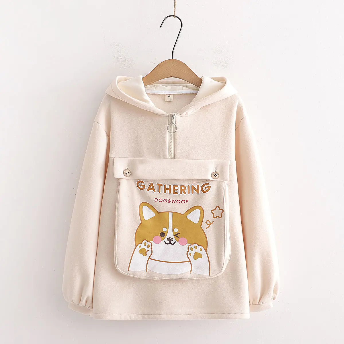 Kawaii Corgi Hoodies Women Harajuku Cartoon Hoodies Sweatshirts Cotton Fleece Hooded Sweatshirt With Ears Girls Top Pullover