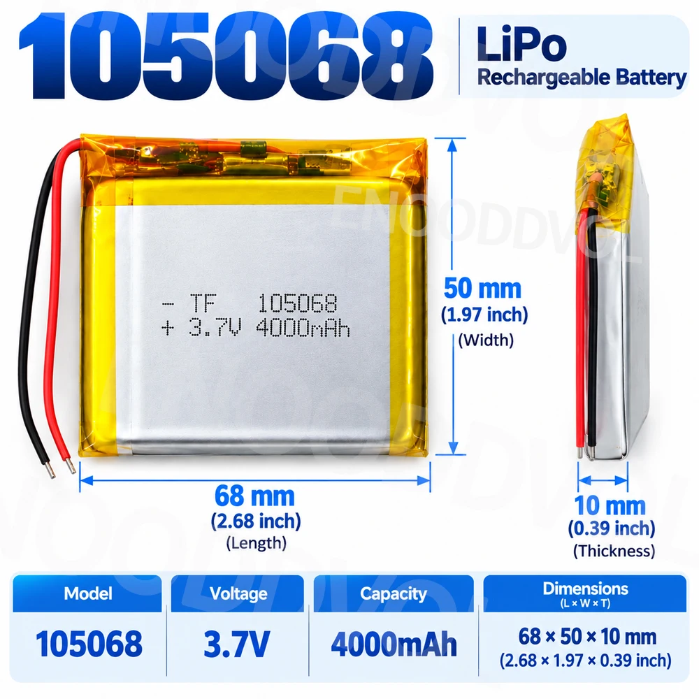 3.7V 4000mAh Rechargeable LiPo Battery 105068 with PH2.0 2Pin 904968 954565 125068 Battery for GPS Camera Tablet LED Power Bank