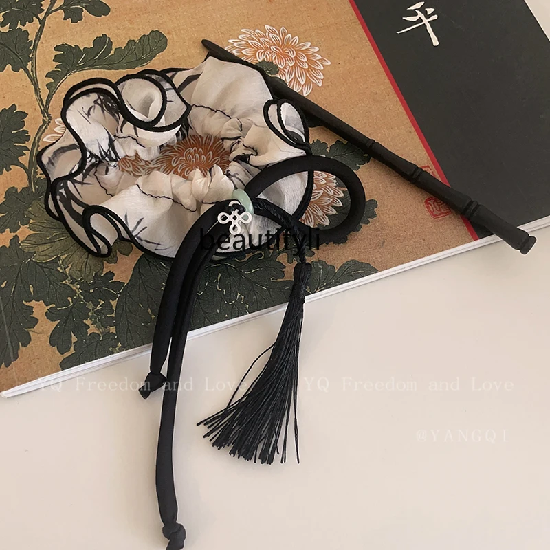 New Chinese Retro Ink Zen Lace Tassel Hair Band Hairpin Female One Style for Dual-Wear Removable Headdress Flower Hairpin