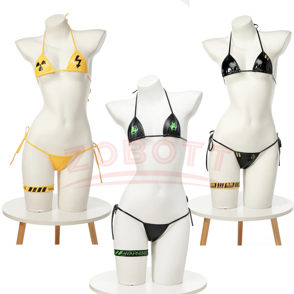 Anime Cyberpunk advertencia de peligro Bikini amarillo traje de baño mujer juego de Anime conjunto de ropa interior de cuero de tres puntos disfraz Cosplay