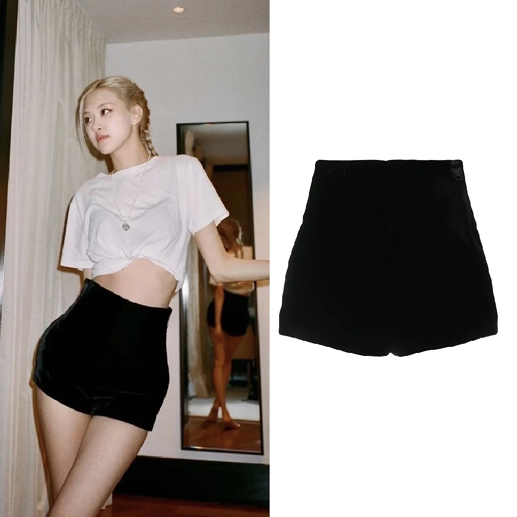 Kpop ROSE-pantalones cortos elásticos para mujer, Shorts negros de cintura alta, color liso, ropa de calle de terciopelo