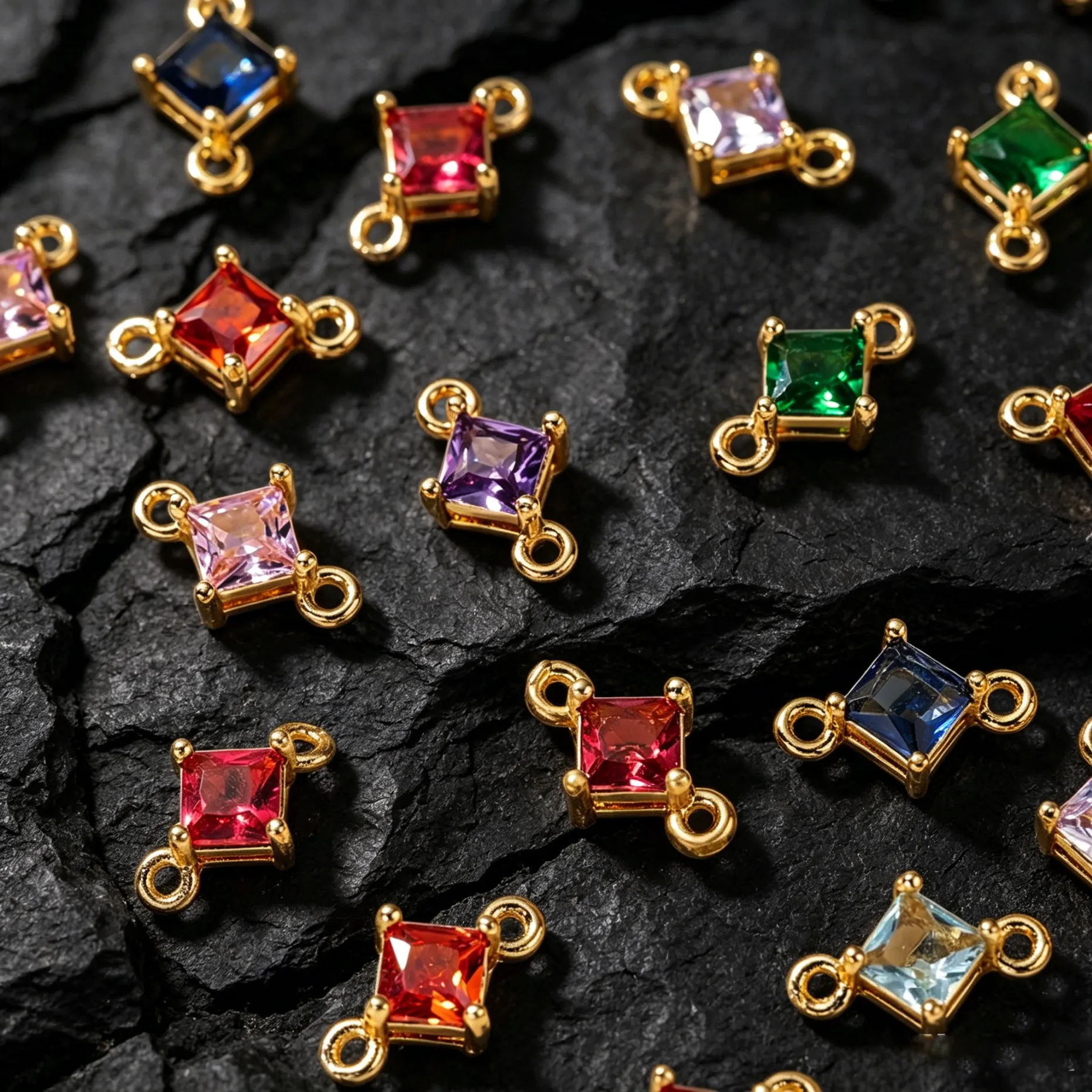 5 Stück 7 x 11 mm goldfarbene und mit Zirkon besetzte quadratische Verbindungsanhänger mit 2 Löchern für DIY-Ohrringe, Halsketten, Schmuckherstellung, Bastelbedarf – Detail 5
