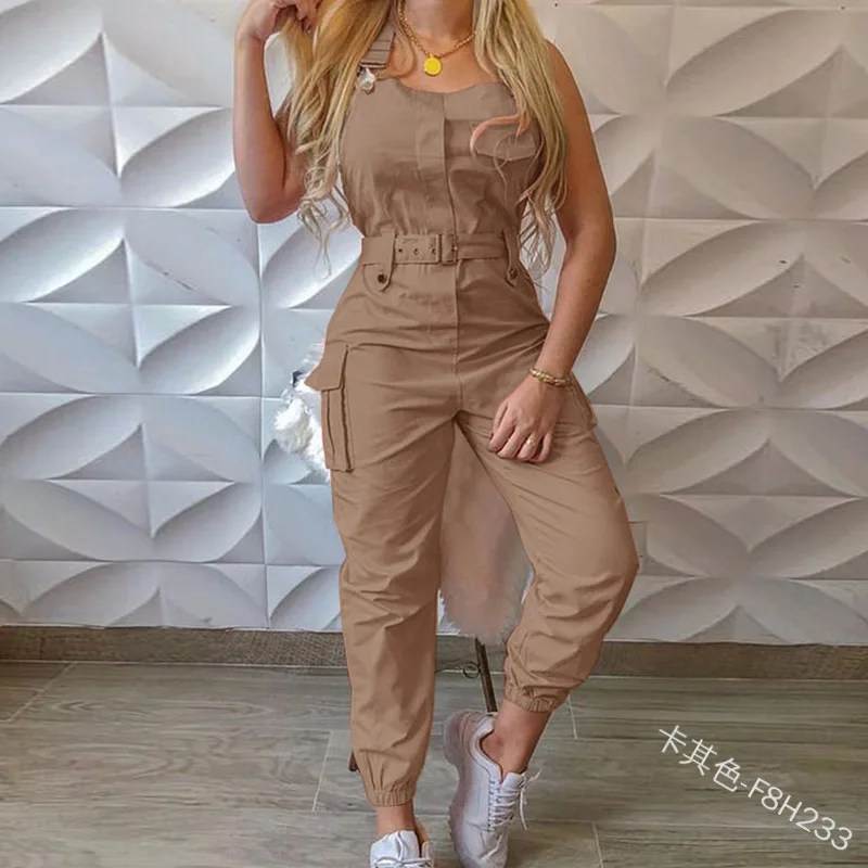 Autumn Women\'s Clothing Bodysuit Jumpsuit 2023 Simple Zipper Cargo High Waisted Conjoined Body Pants Sleeveless Strap Trousers