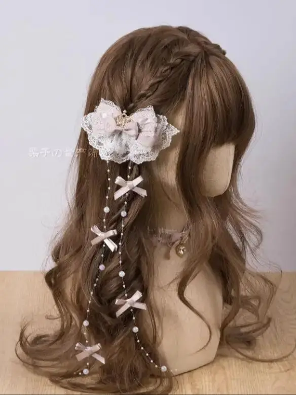 

Японская заколка для волос в стиле Лолита с кружевным бантом, жемчужной нитью и кисточками, для девочек и женщин, для двойного хвоста, головной убор, заколки для волос