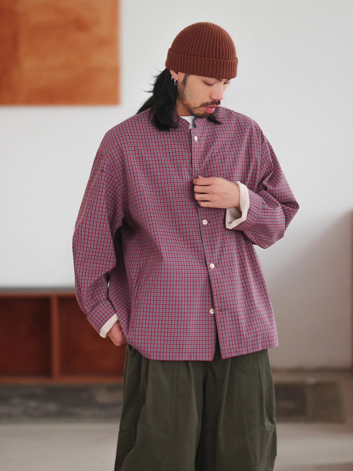 

Noears Autumn Winter Red Plaid Loose Casual Jaet Retro oulder Drop Sves Small Stand Collar Vintage Chinese Sle Coat