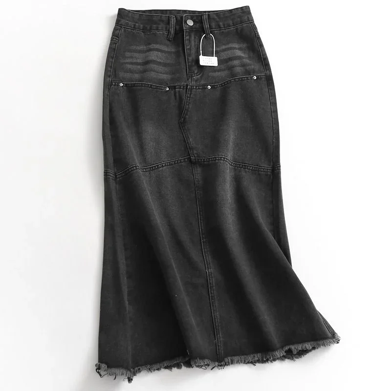 

Черная джинсовая юбка-миди для женщин весной и осенью, свободная юбка трапециевидной формы с высокой талией, облегающая бедра средней длины