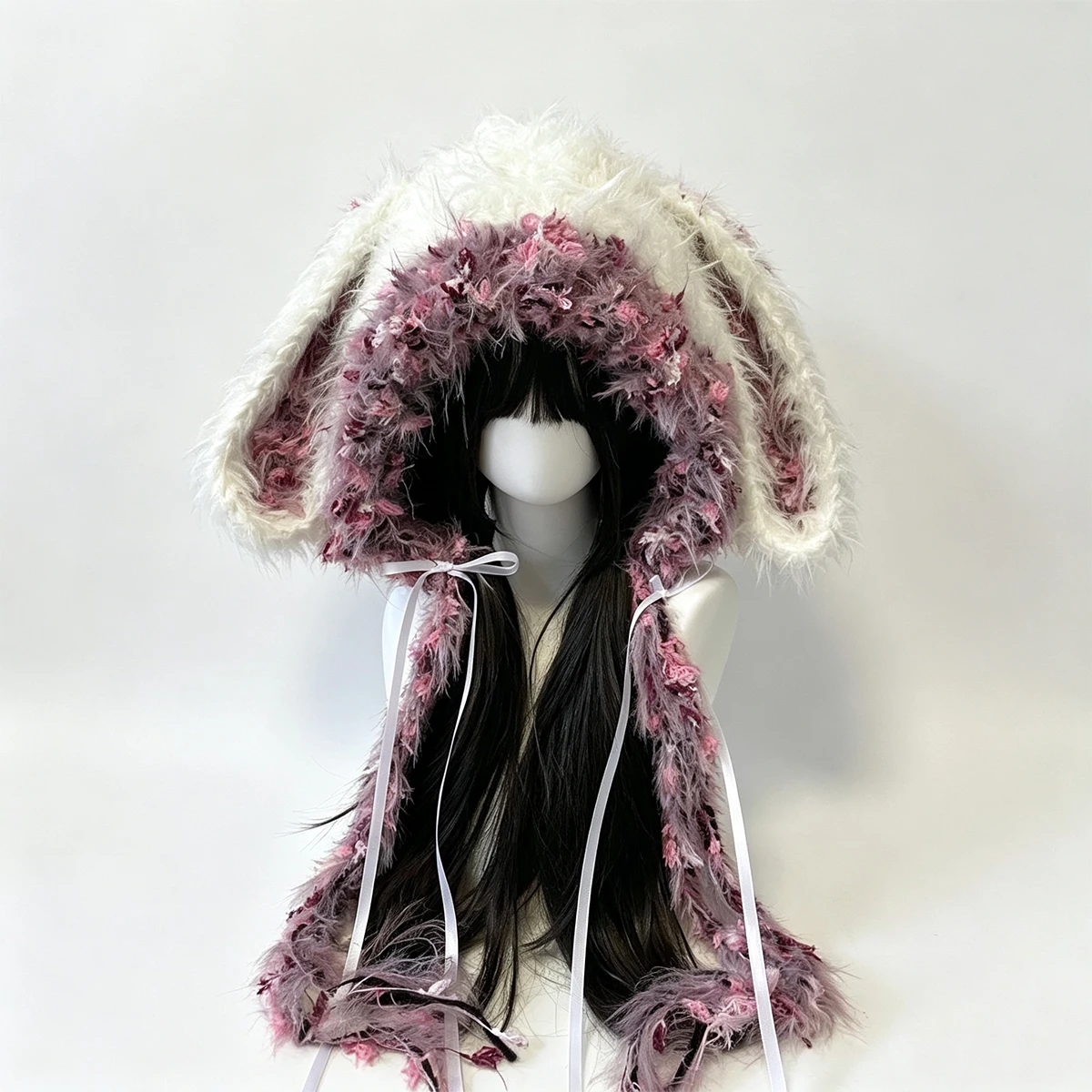 Custom Handmade Crochet Floral White Purple Bunny Ears Hat Wome Plush Knitted Winter Warm Hood Wedding Fairycore Lolita Beanies