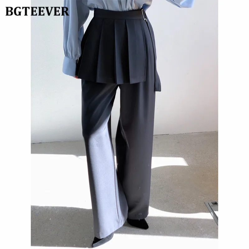 

BGTEEVER Stylish Loose 2 Pieces Women Trousers High Waist Belted Wide Leg Suit Pants Female