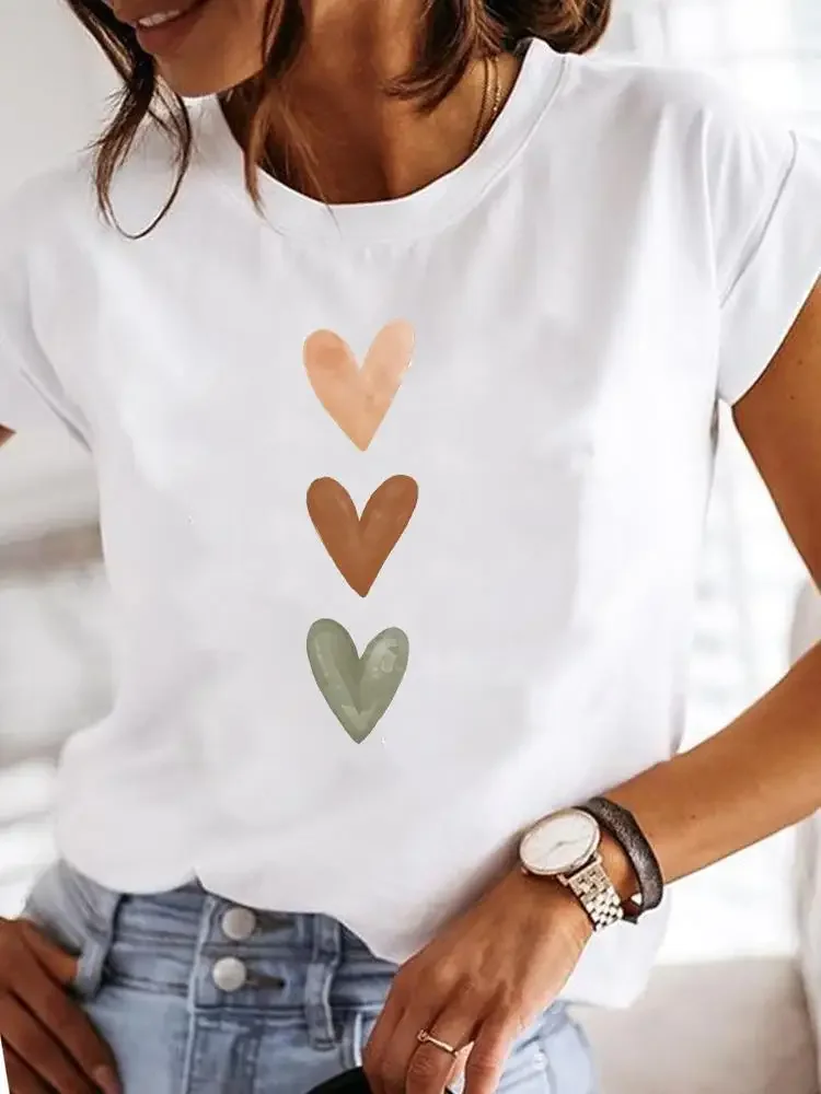 Heart Print Women Funny White Summer T-shirt Girl Casual O Neck Clothing Female Fashion Y2K Top Tee