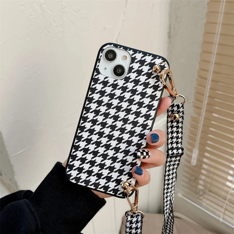 Fashion Crossbody Shoulder Strap Houndstooth Pattern Case for iPhone 14 Pro Max 13 Mini 12 11 X XR XS MAX 7 8 Plus Luxury Cover