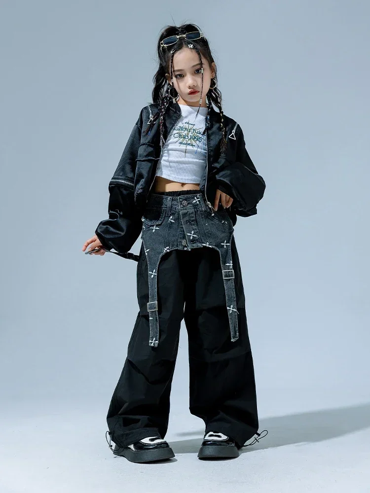 Girls Denim Waistband Suit Street Dance Wear Ballroom Hip Hop Stage Costumes Children'S Jazz Dance Performance Clothing