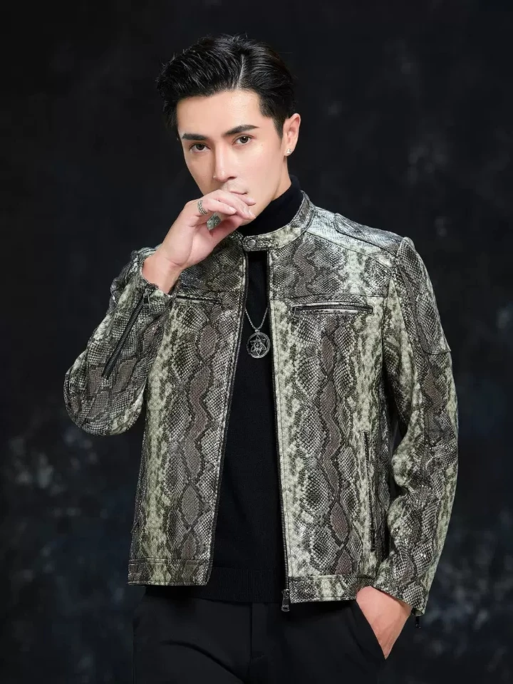 Spring Men Snake Pattern Sheepskin Genuine Leather Jacket Slim Fit