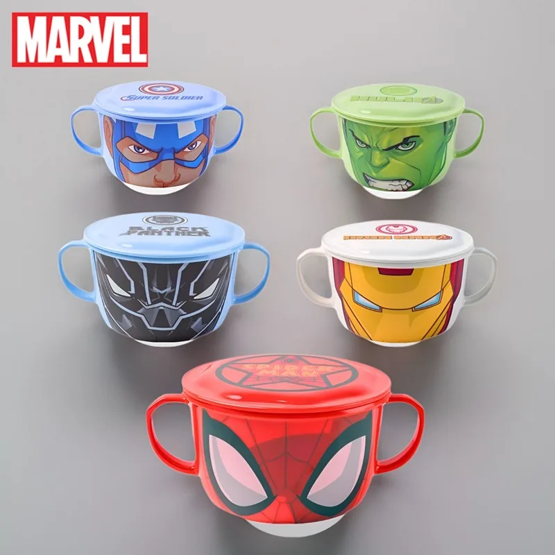 

Marvel Children Bowl Captain America Avengers Superheroes with Lid Dual Handle Tableware Anti-scald Kindergarten Kid Dinner Dish