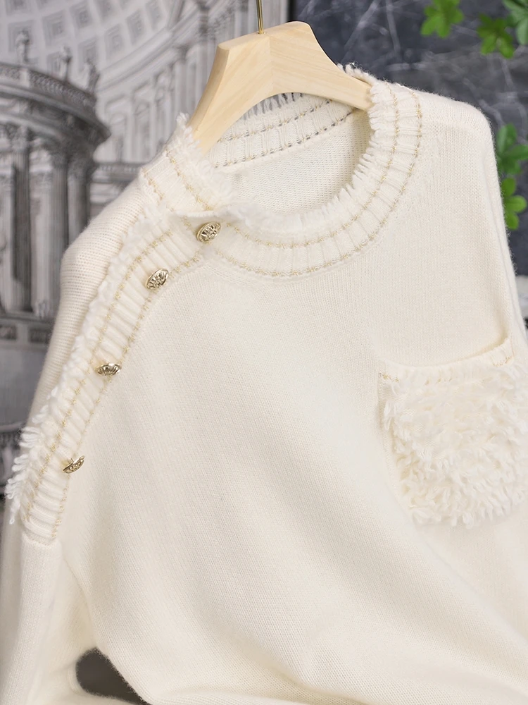 

Женский вязаный свитер из чистой шерсти с золотыми пуговицами и бахромой, яркий шерстяной свитер с длинными рукавами, повседневный стиль