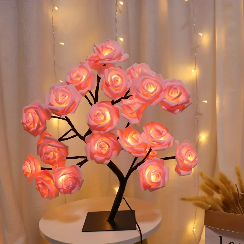 Enchanting Rose Tree USB Lamp - Adjustable LED Night Light w/ Detachable Base & Warm White Glow for Home/Office Decor